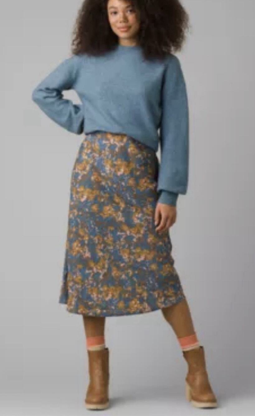 Prana Midi Skirt Women Small Grey Yellow Abstract Floral Lightweight Pull-on